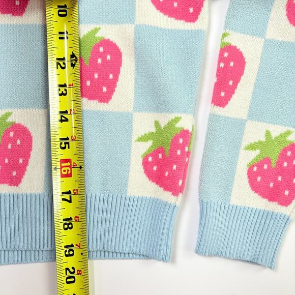 Luna Ivy Strawberry Checkerboard Knit Sweater Blue Pink Y2K Kawaii Pastel S - Picture 11 of 11